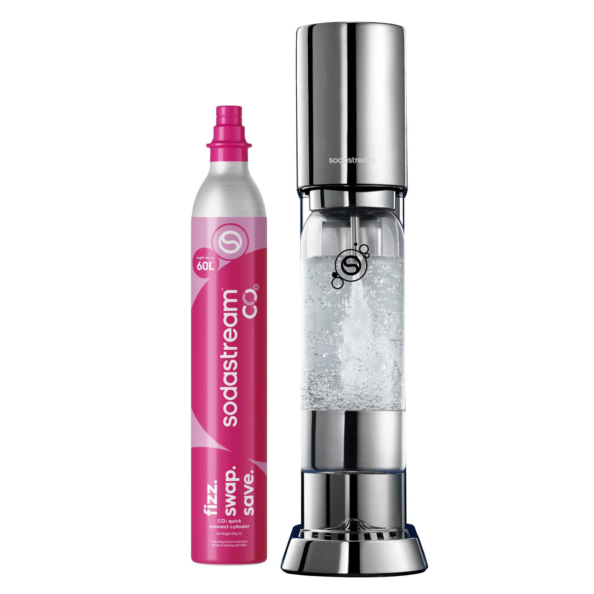 Sodastream ENSO Wassersprudler, Edelstahl Wassersprudler mit Quick Connect CO2-System, inkl. 1 CO2-Zylinder für bis zu 60L Sprudelwasser und 1 ENSO Sprudlerflasche, Sprudelwasser Maschine, Silber