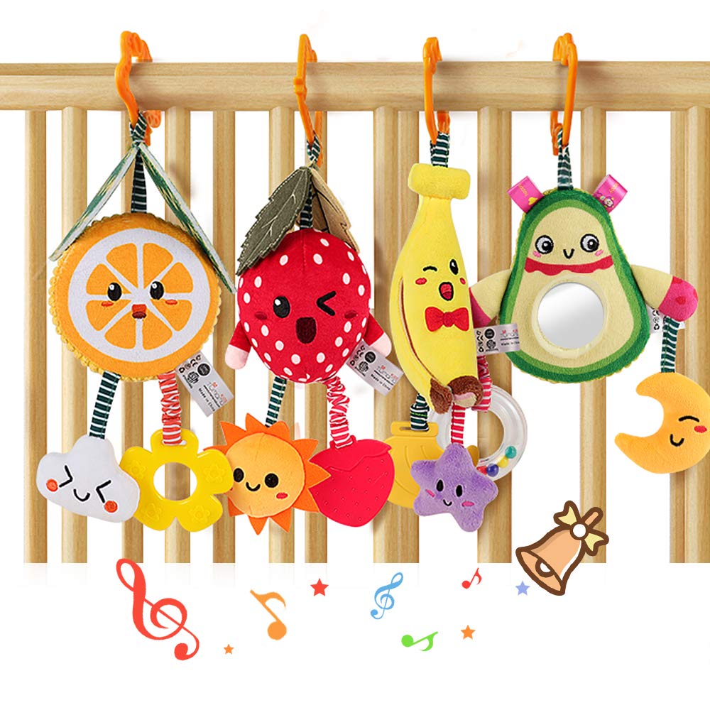 TUMAMA Baby Pram Hanging Rattle Toys 0 3 4 6 9 Months, Newborn Sensory Learning Toys with Squeaky Sound & Teether, Plush Soft Rattles for Car Seat, Pushchair, Crib & Stroller Newborns Boy Girl (4pcs)