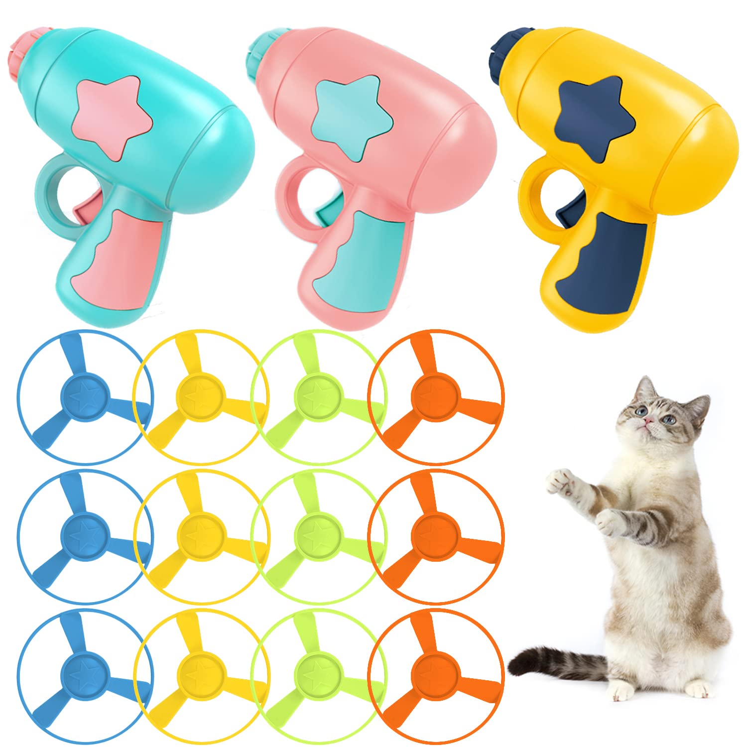 Photo 1 of IAXSEE 15 Pieces Cat Fetch Toy with Colorful Flying Propellers Set, Cat Playing Tracking Interactive Toys for Kitten Chasing Training Hunting