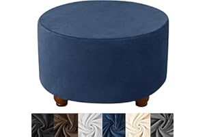HFCNMY Ottoman Cover - Velvet Round Ottoman Slipcover, Thick, Washable, Storage, Foot Stool Cover with Elastic Bottom - Blue, Medium