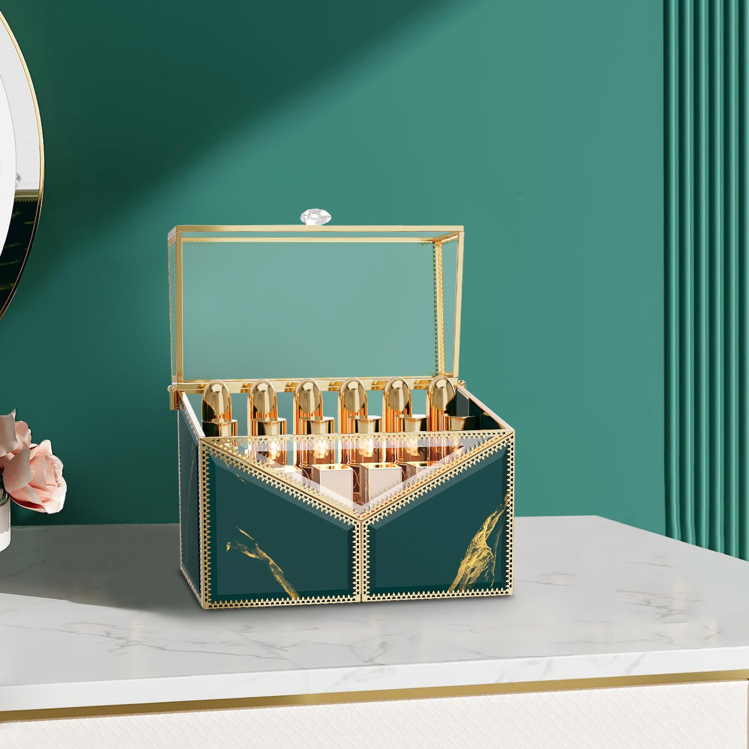 Photo 1 of CoralHouse Glass Lipstick Organizer, 18-Slot Green Vanity Makeup Holder for Lipsticks & Nail Polish, Removable Dividers, Vintage Cosmetic Storage Display Box