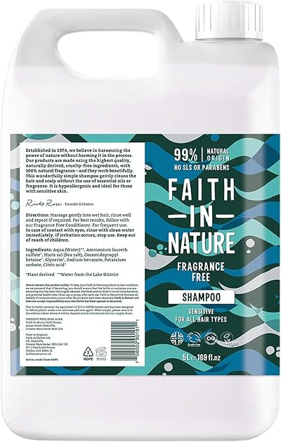 Faith In Nature Fragrance Free Shampoo 5L Refill Vegan Cruelty Free All Hair