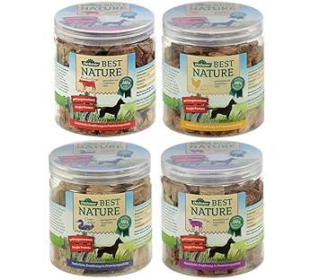 Dehner Best Nature Hundesnack-Mix, Rinderlungen, Hühnerherzen, Lammlungen und Entenhälse, 4 Dosen (250 g)
