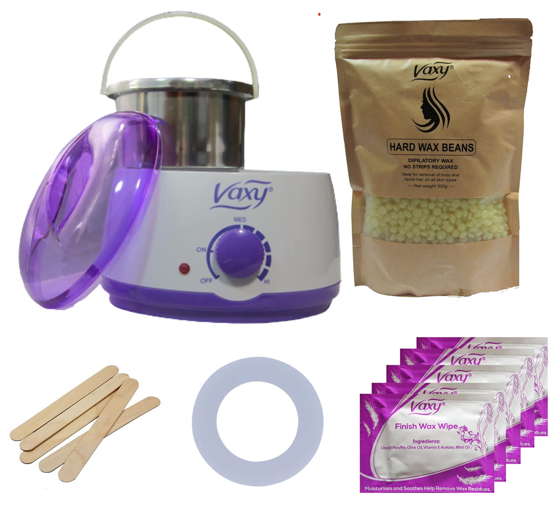 Vaxy Professional Waxing Kit with Wax Heater, Hard Wax Beads 500g, Spatulas, After Wax Wipes, Collar - Stripless Depilatory Waxing Pellets Solid Film Beans No Strip Needed (Lemon)