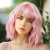 PHOENIXFLY Pink Wavy Wigs With Bangs Short Bob Wig for Women Curly Synthetic Cosplay Wig for Girls Daily Use Colorful Wigs(14 Inch,Pink)