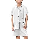 Arshiner Boy's Textured Button Up Shirt and Shorts Set 2 Piece Summer Beach Outfit for 5~12 Years Kids