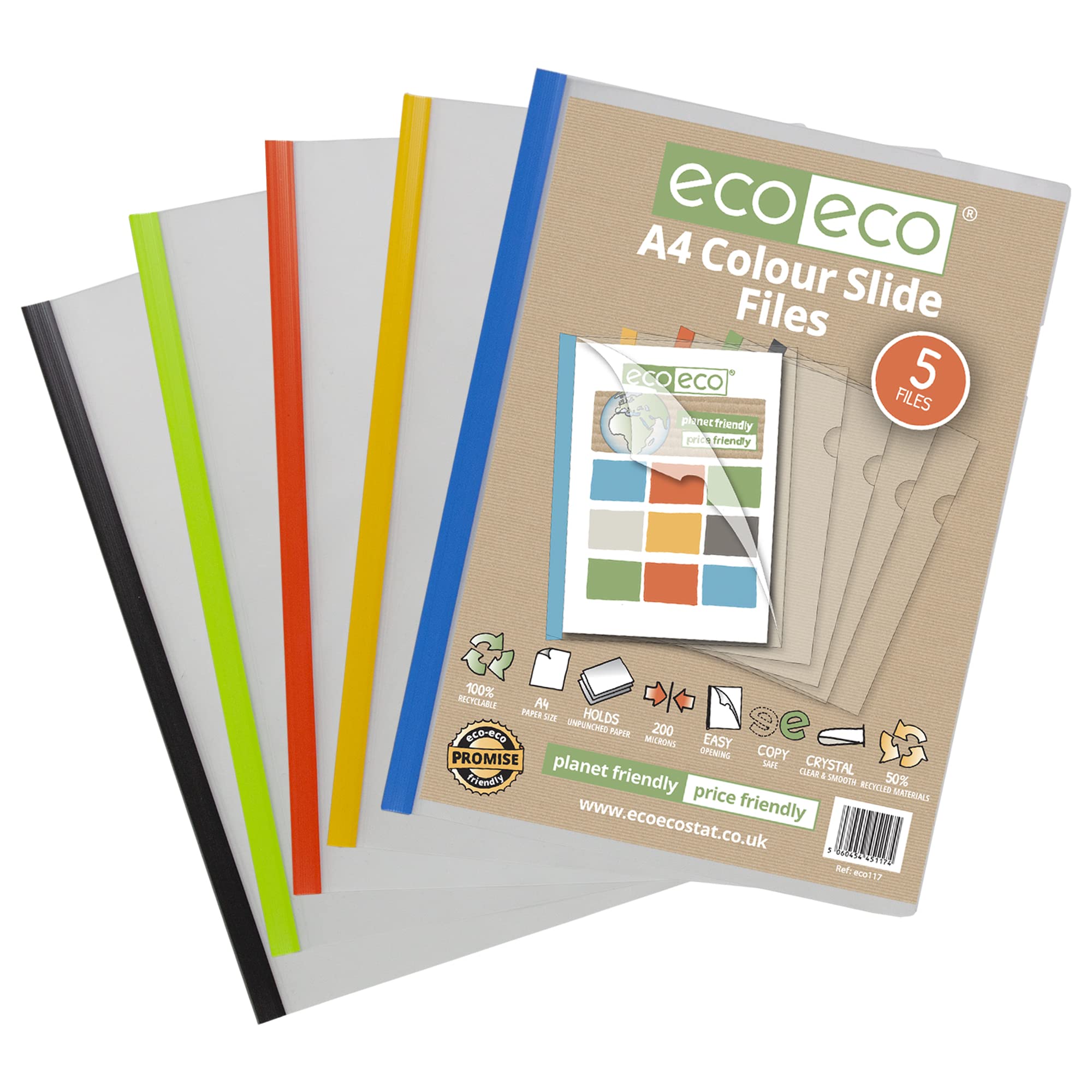 eco-eco A4 50% Recycled Bag 10 Easy Slide Files, Coloured Clip bar Project Report, eco117x2, Pack of 10