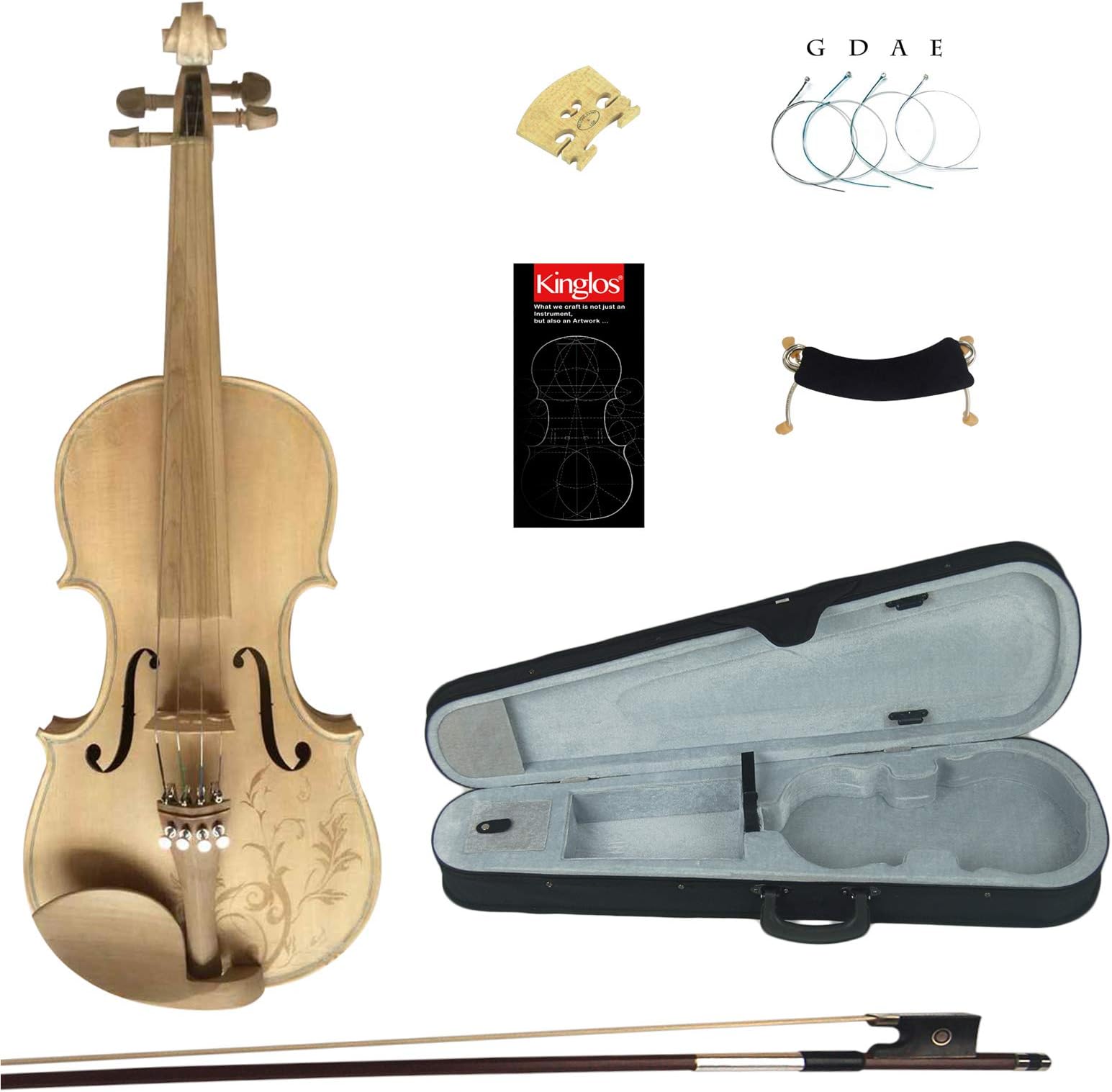 Kinglos 3/4 Flower Carved Ebony Fitted Solid Wood Unpainted Violin Kit with Case, Shoulder Rest, Bow, Extra Bridge and Strings (MS007)