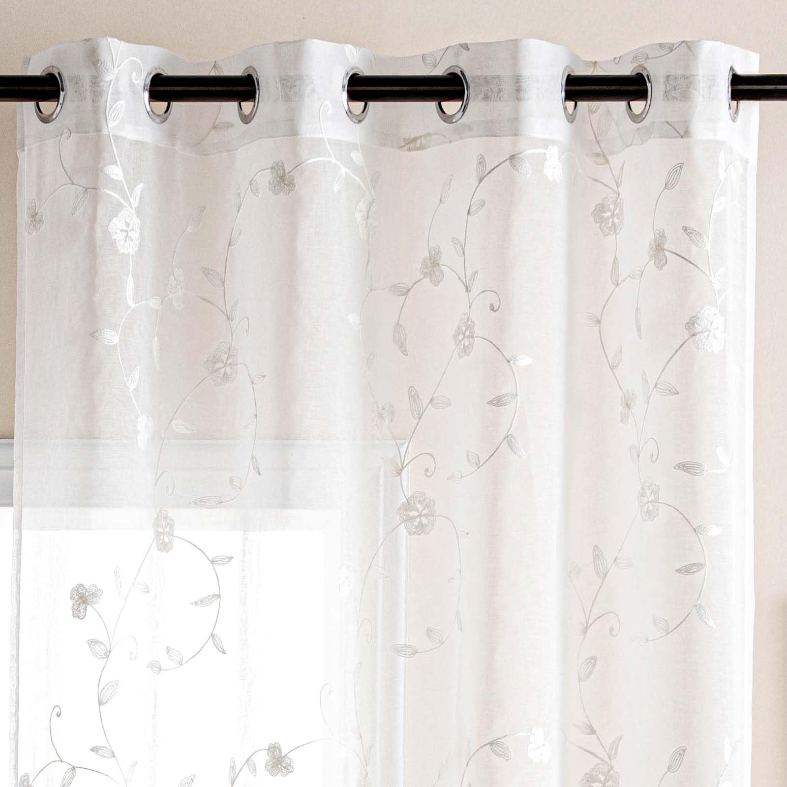 DWCN Embroidery Sheer Curtains Decoration Flora Design Grommet Window Curtain Semi Voile Drapes with Eyelets Window Treatments for Living Room Bedroom 2 Panels 52" W x 63" L White