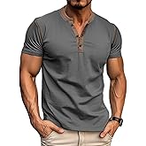 Asamqu Mens Short Sleeve Shirts Casual Cotton Henley Shirts Slim Fit Summer Classic T-Shirts