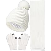 Wandx Kids Winter Hat Gloves Scarf Set Children Pompom Knit Beanie Warm Gloves with Thick Fleece for Boys Girls Ages 4-12