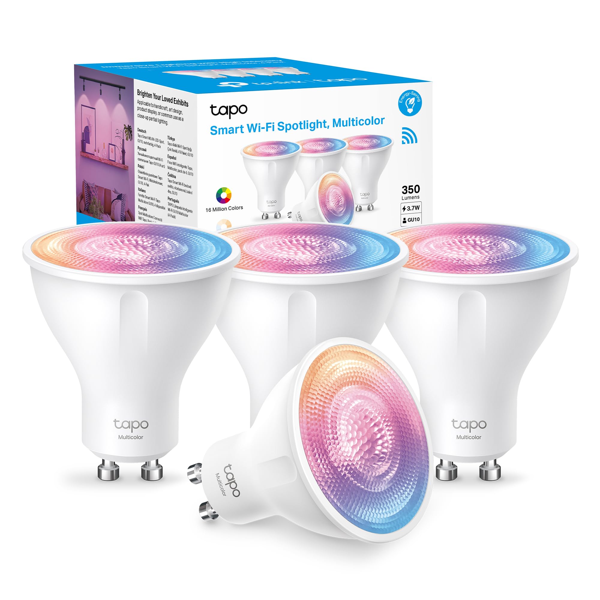 Tapo L630 (4-Pack) Smart Bulb, Alexa Light Bulb, Smart Light Bulb Spotlight, GU10 Lamp Base, 16 Million Colours, White Tunable, High Lumen & Dimmable, Remote Control, Voice Control Alexa & Google