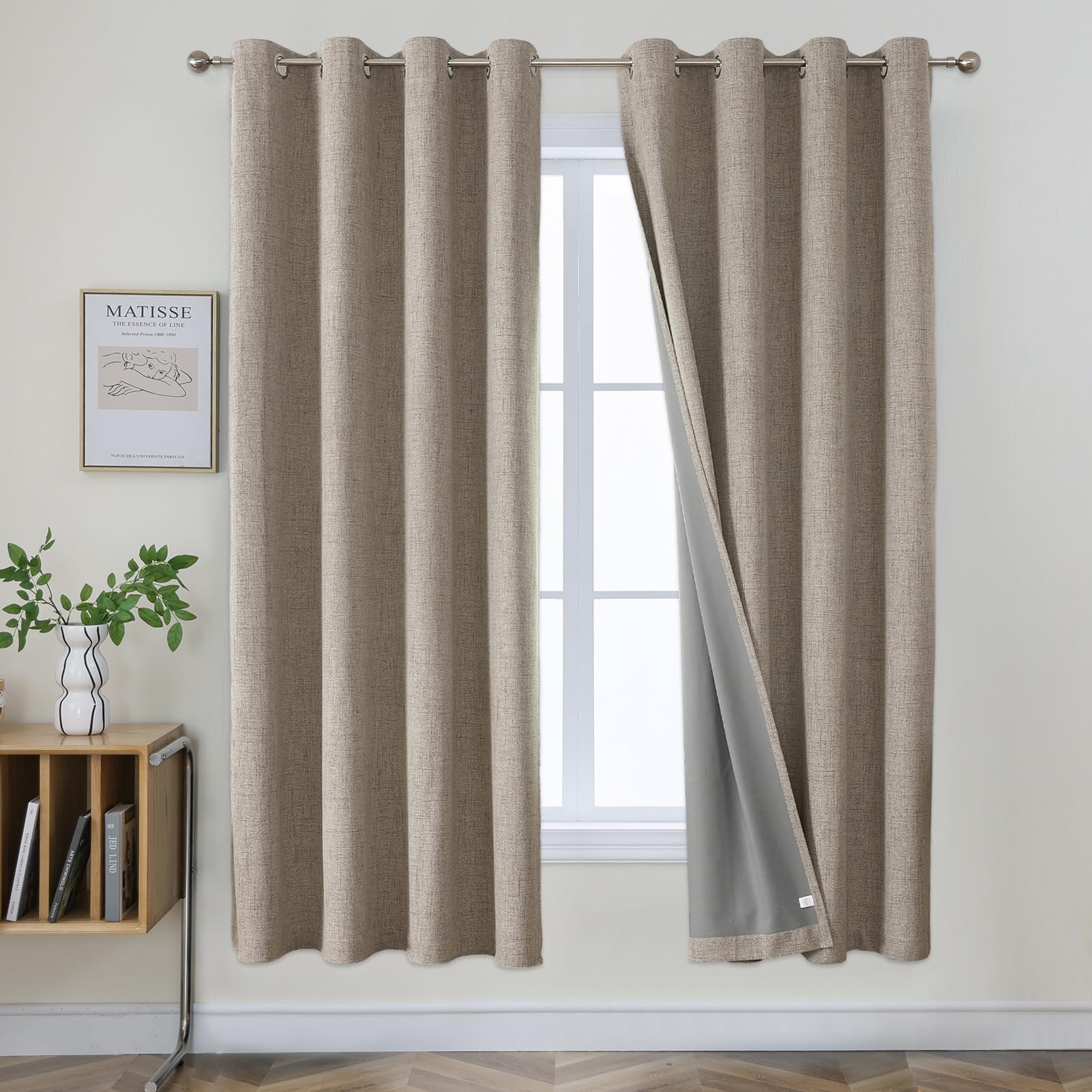 Joydeco 100% Blackout Lined Curtains 72 Inch Drop, Linen Look Textured Thermal Insulated Eyelet Curtains with Coating Back Layer for Living Room Bedroom, W46 x L72, Linen Colour - 2 Panels