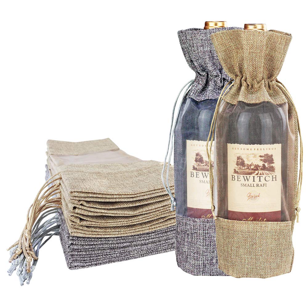 Bocar 5 * 12 Inch 12pcs Grey and Yellow Linen Drawstring Wine Bag with Organza Window for Wine Tasting Parties Valentine's Day Wedding Gift Bag (WB-Linen Mix 1)