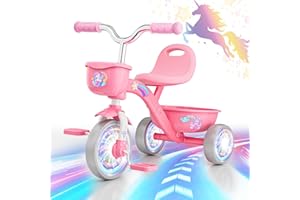 KKDI Tricycle for Toddlers 1-3 3-5 Year Olds, Unicorn Toddler Bike Baby Balance Bike with Colorful Lighting Wheels & Large Basket, Birthday Gift and Toy for 1 2 3 4 5 Year Olds Girls