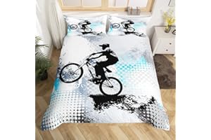 Castle Fairy Bicycle Rider Bedding Set,Blue Tie Dye Graffiti Duvet Cover for Kids Teen Boys Girls,Hip Hop Style Comforter Cover Decorative Room,Mountain Bike Quilt Cover with 2 Pillowcases,Full Size