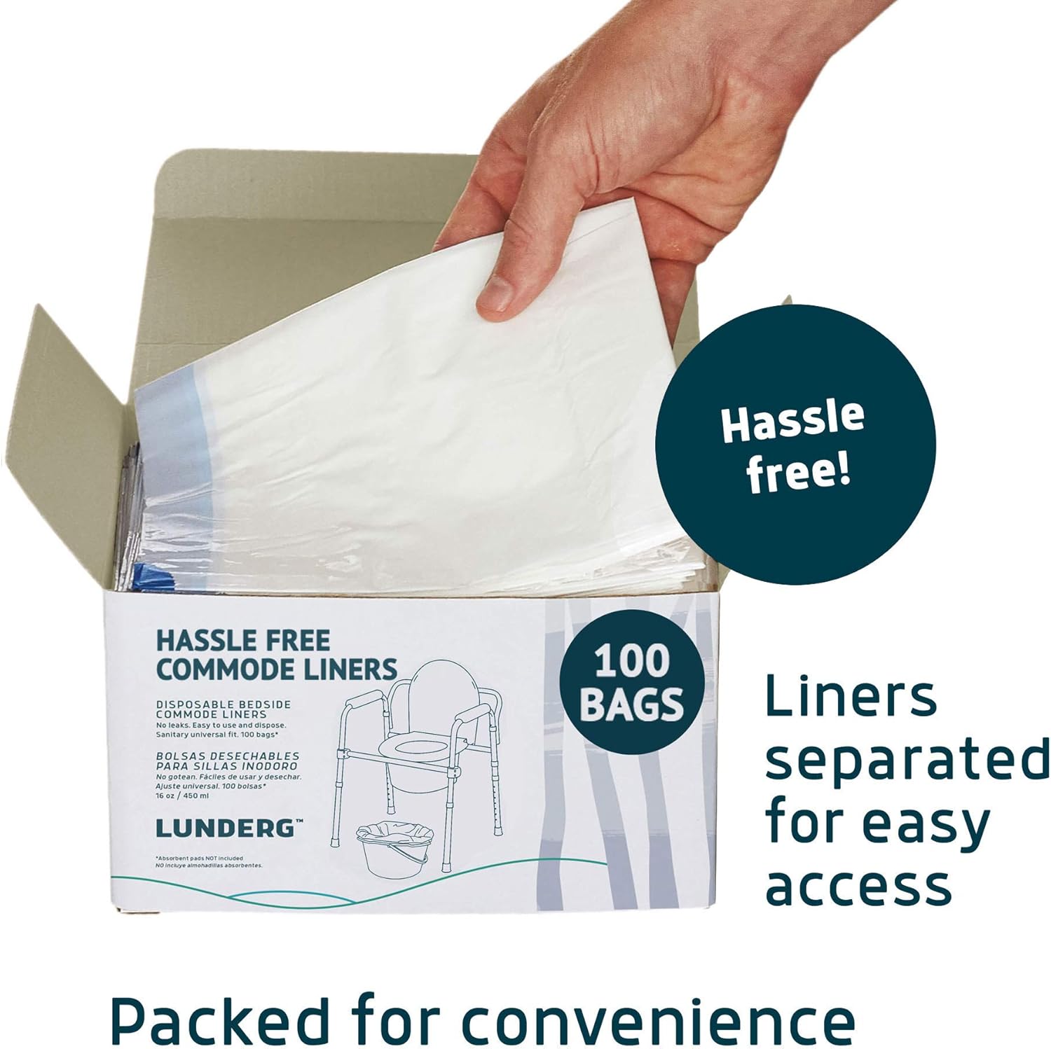 Lunderg Commode Liners - Value Pack 100 Count Universal Fit - Medical Grade Bedside Commode Liners Disposable for Adult Commode Chair, Portable Toilet Bags or Camping Toilet Bags: Health & Personal Care