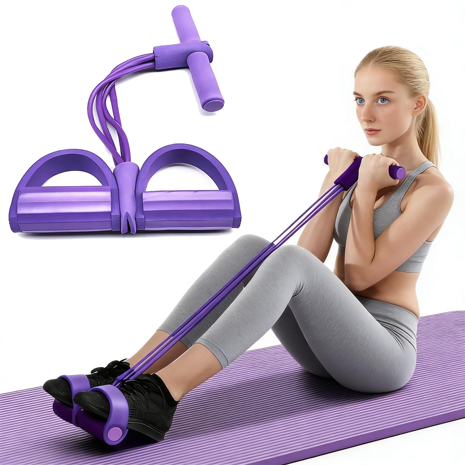 Norhogo 4 Tubes Elastic Sit Up Pull Rope with Foot Pedal, Multifunction Resistance Training Exerciser Tension Rope Sit Up Exercise Equipment for Home Use for Home Gym Yoga, Fitness