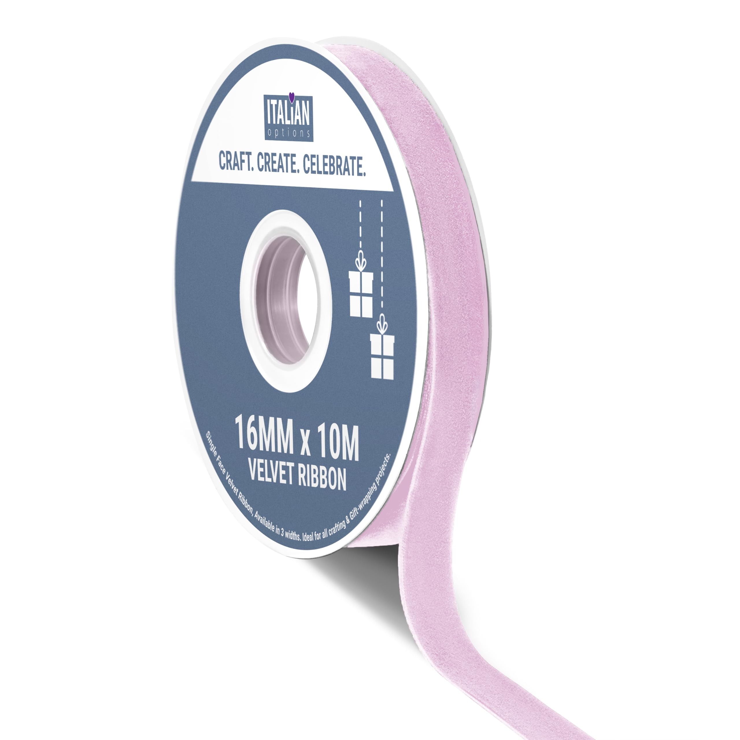 Italian Options Velvet Ribbon, Luxury, Single-Face Velvet Ribbon for Crafting, Christmas, Bows, Hair, Cakes, Weddings, Ornaments, Gift Wrapping, Flowers, 16mm x 10 Metre Roll, Vintage Lilac