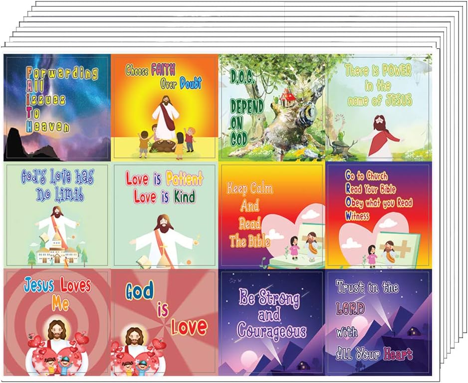 NewEights Christian Faith Stickers for Kids (5 Sheet) - Total 60 pcs (5 x 12pcs) Individual Small Size 2.1 x 2 Inches, Waterproof, Unique Designs, Inspirational Stickers for Kids & Children