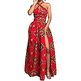 Vimoisa Women Sexy Boho African Long Maxi Dress V-Neck Multi-Way Pleated Floral Print Dresses