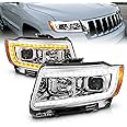 AmeriLite for 2011-2013 Jeep Grand Cherokee WK2 C-Type LED Switchback Tube Chrome Square Projector Headlight Assembly Pair - Passenger and Driver Side