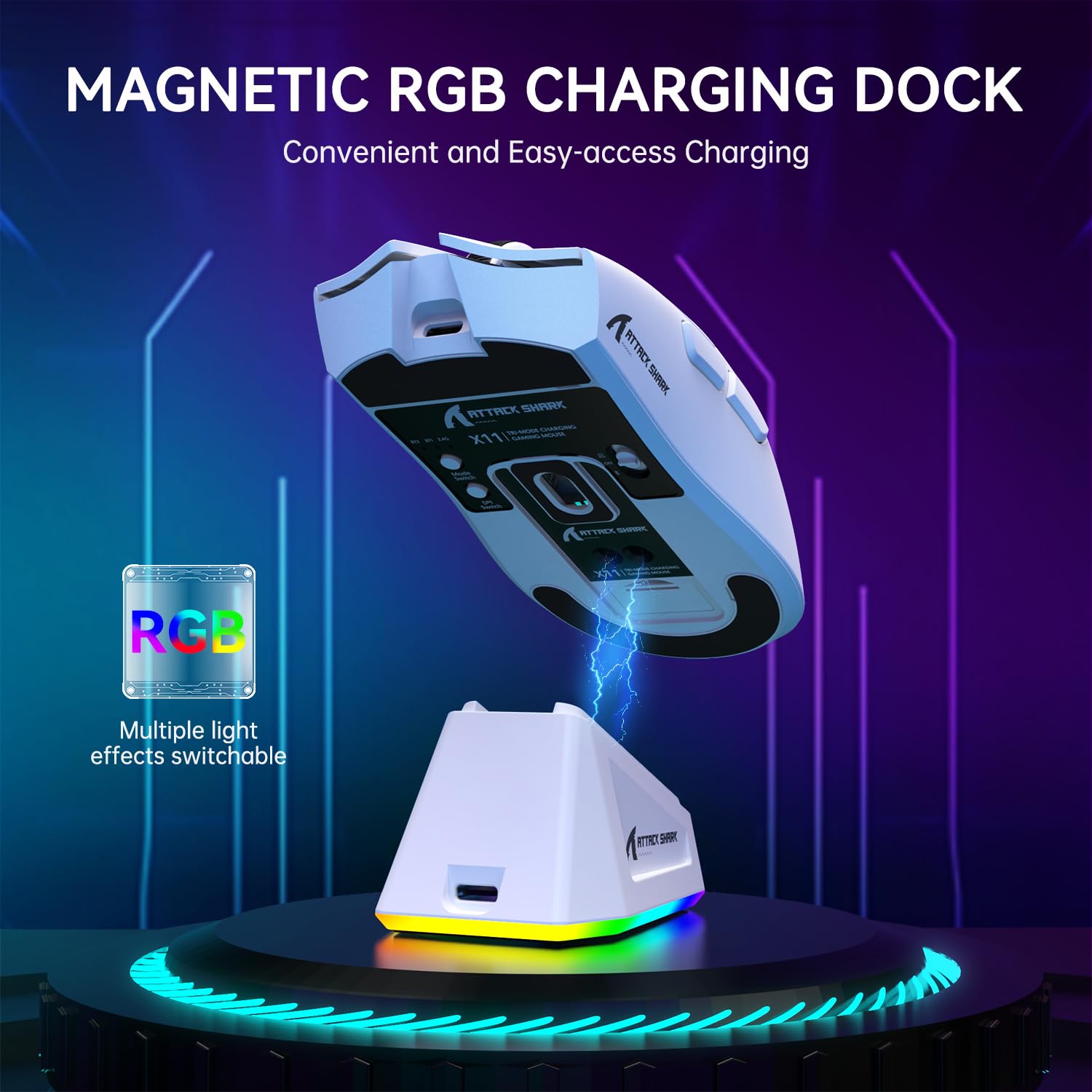 ATTACK SHARK X11 Lightweight Wireless Gaming Mouse with RGB Charging Dock,Tri-Mode-2.4G/USB-C Wired/BT,22K DPI,PAW3311 Optical Sensor,HUYU Switch, 5 programmable Buttons for PC/Mac(White)
