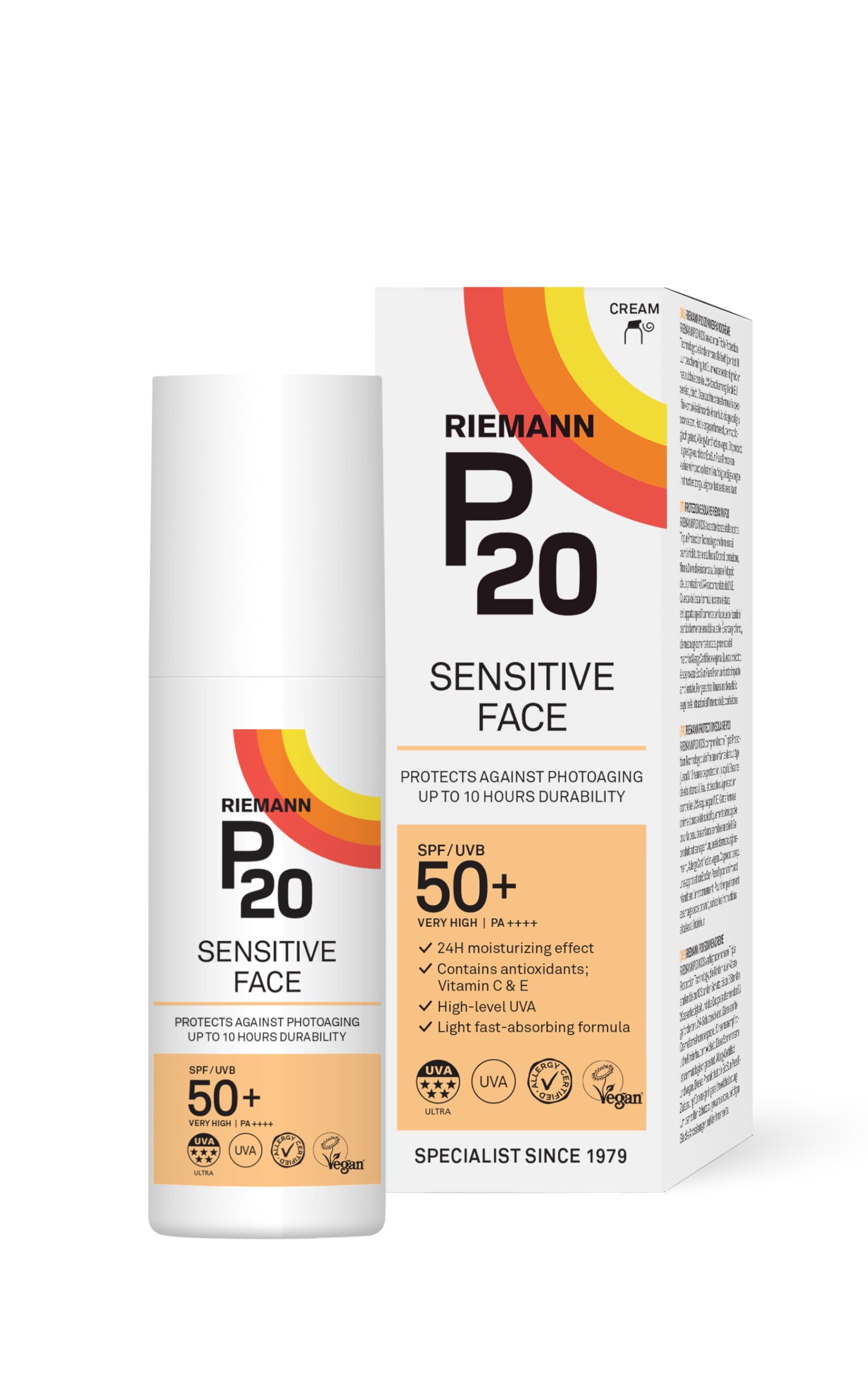 RIEMANN P20 Sensitive FACE SPF50+ UV Protection Cream, 50 Grams | Non Greasy Highly Effective Protects Face from UV Radiation |Sun Protection Factor 50+ | Wear under Make Up