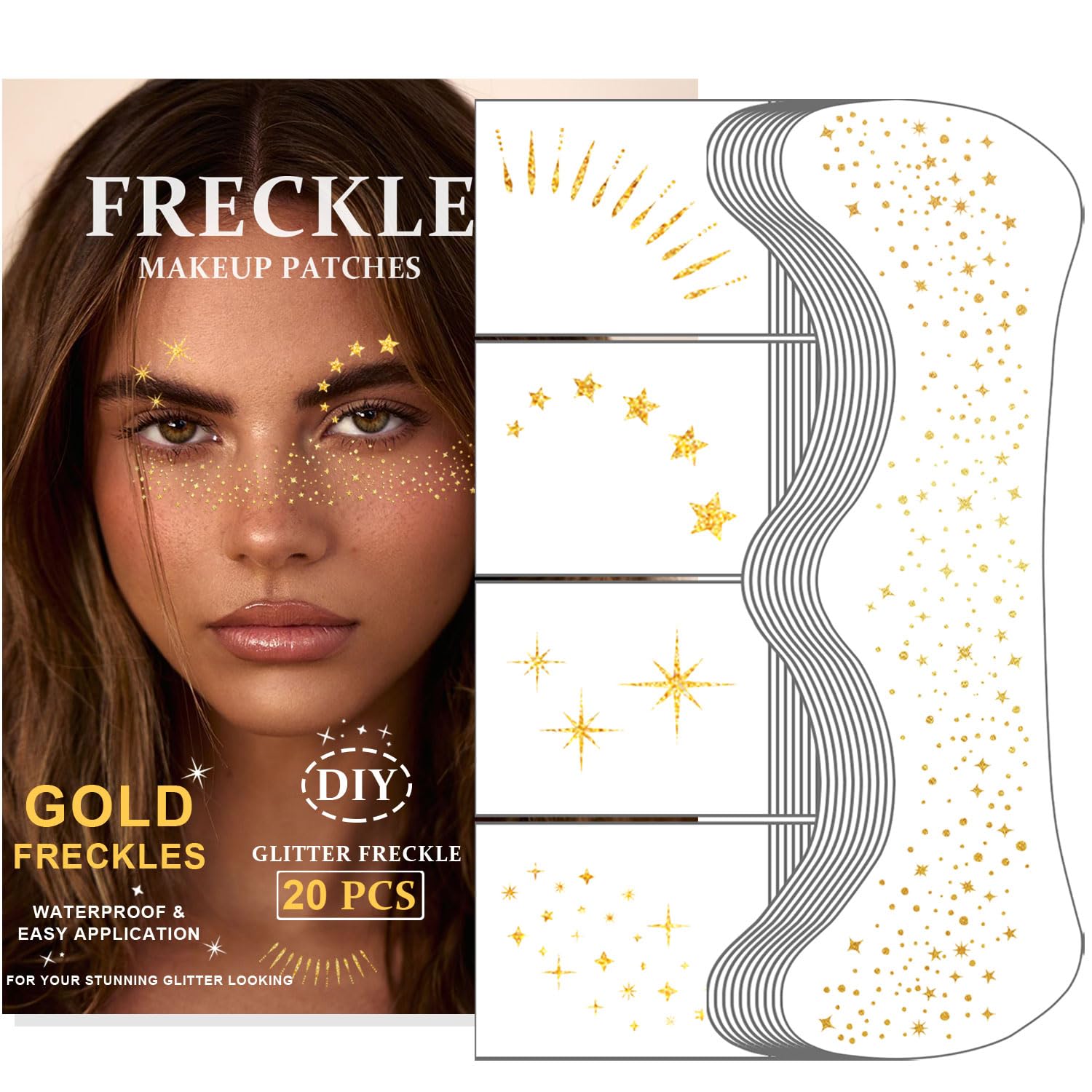 Photo 1 of 20PCS Glitter Freckles Face Tattoo, Sparkle Freckles for Women and Kids, Cute Star Waterproof Gold Temporary Tattoos Glow Up Makeup Patches (Gold)