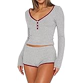 Lacozy Womens Pajama Sets Sexy 2 Piece Sexy Pj Set Woman V Neck Button Long Sleeve Crop Top and Shorts Lounge Sets