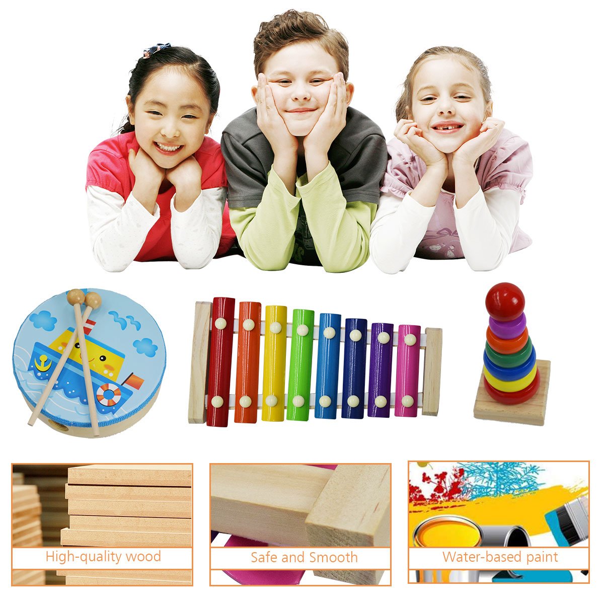 CACA 15pcs Musical Instrument Kit with Xylophone | Wooden Percussion Instruments Toy for Kids Toddler Preschool Educational | Early Learning Musical Toy Gift Set for Boys and Girls