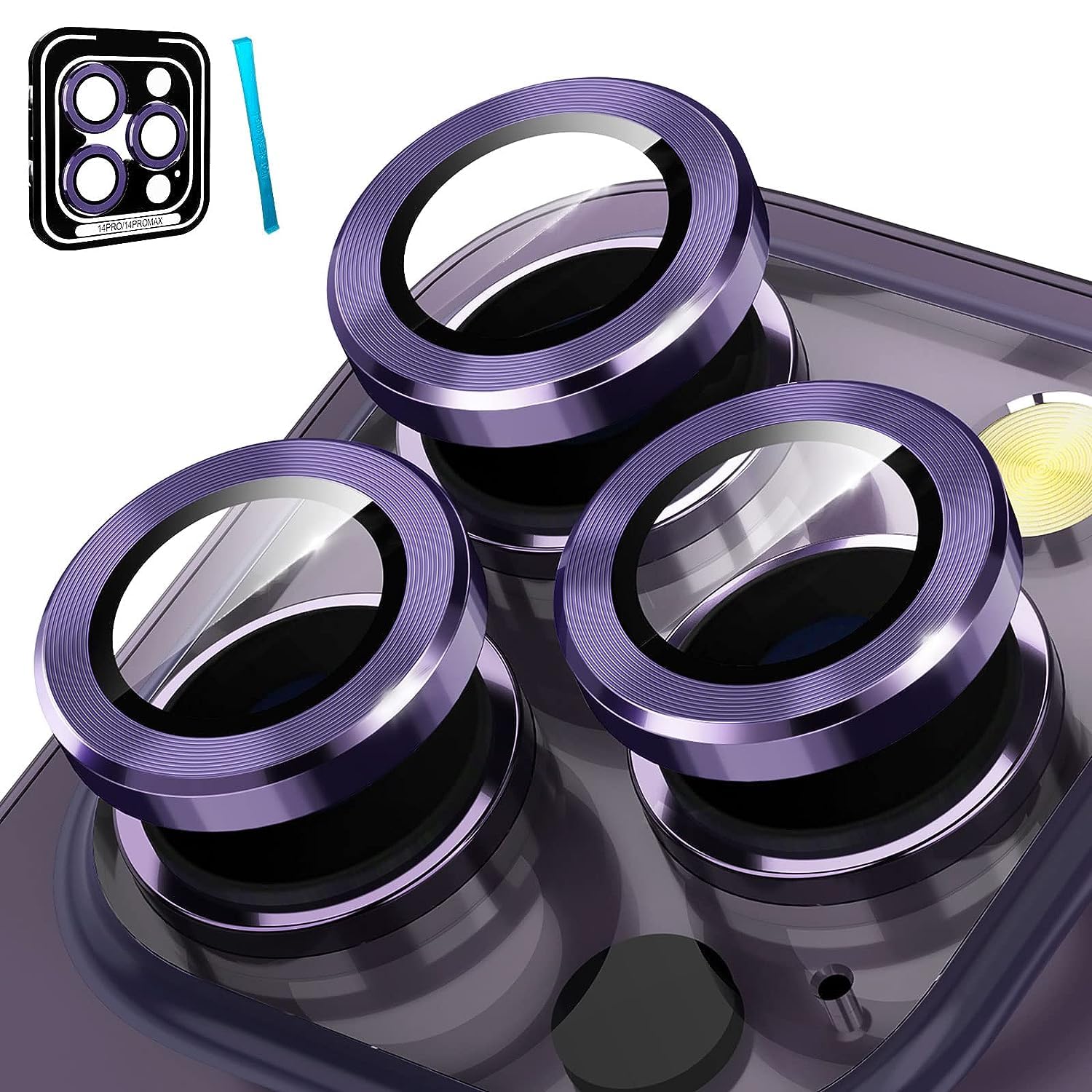CloudValley Camera Lens Protector for iPhone 14 Pro and iPhone 14 Pro Max, 9H Tempered Glass Metal Ring Camera Cover Film [Case Friendly Anti-Scratch High Definition], Purple