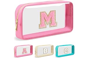 UIXIZQ Personalized Initial Letter Clear Makeup Bag,Preppy Small Nylon&PVC Cosmetic Zipper Bag with Chenille Letter,Travel Skincare Toiletry Bag,Monogram Christmas Gift for Teen Girls Women,M