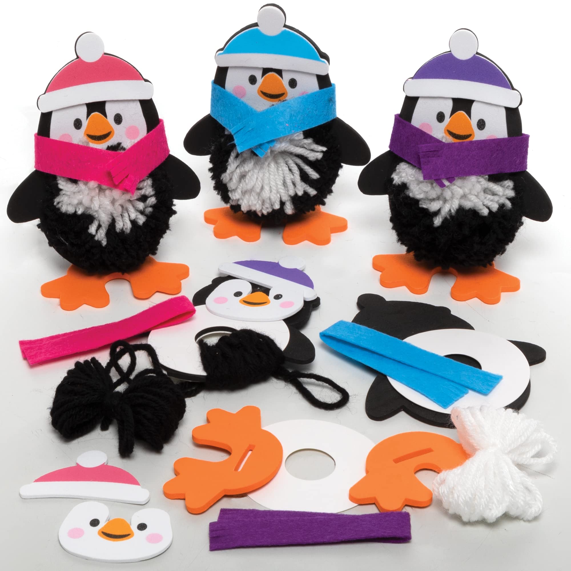 Baker Ross FE835 Penguin Pom Pom Decoration Kits - Pack of 3, Christmas Crafts, Pom Pom Decorations for Children to Make, Decorate and Display, Creative Activities for Kids, Penguin