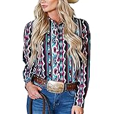 Joiemont Women's Retro Aztec Shirt Western Cowgirl Pearl Snap Blouses Button Up Long Sleeve Ethnic Printed Top