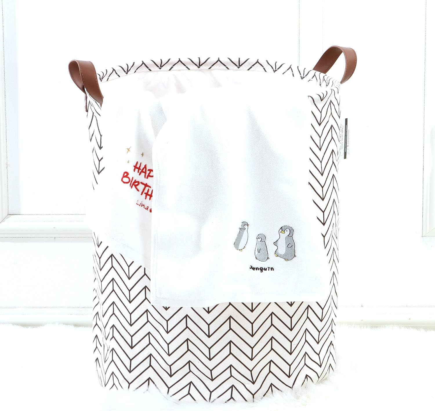 Sea Team Arrow Pattern Laundry Hamper Canvas Fabric Laundry Basket Collapsible Storage Bin with PU Leather Handles and Drawstring Closure - Image 3