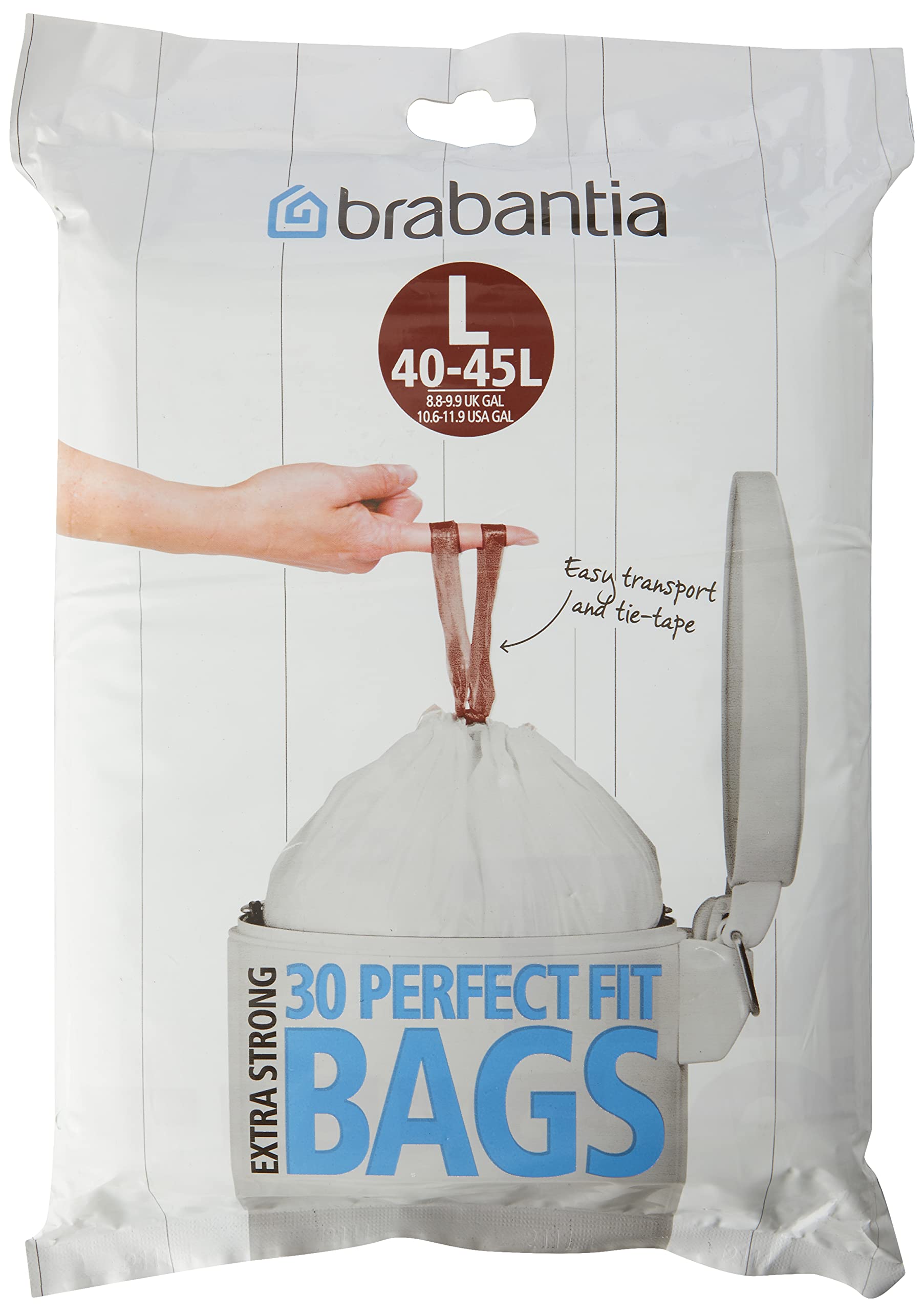 Brabantia PerfectFit Bin Liners (Size L/40-45 Litre) Thick Plastic Trash Bags with Tie Tape Drawstring Handles (30 Bags), White