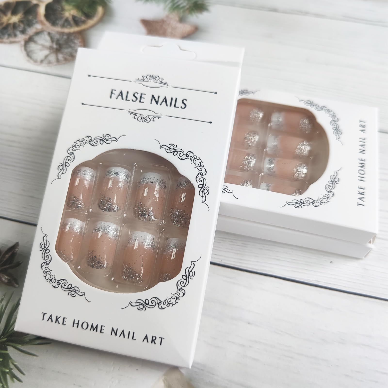 White French Tips Press on Nails 24Pcs Glossy Silver Glitter Acrylic Fake Nails Sparkly False Nail Milky Way Gel Glue on Nail Stars Stick on Medium Square Fingernails for Coquette Women Girls - Image 6