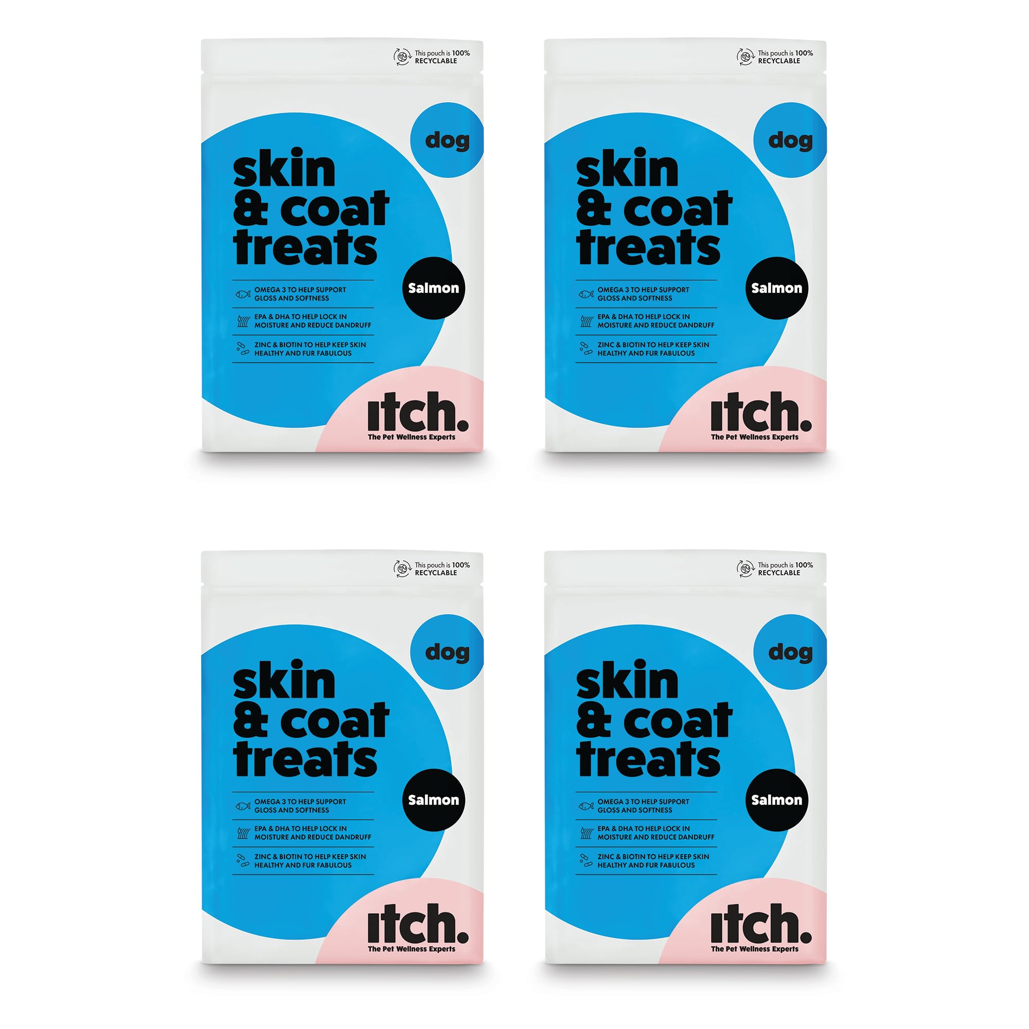 Itch - Skin & Coat Dog Treats - Grain Free, Skin and Coat Care Treats With Omega 3, Biotin and Zinc for Glossy Fur - Made in the UK - 4-Pack