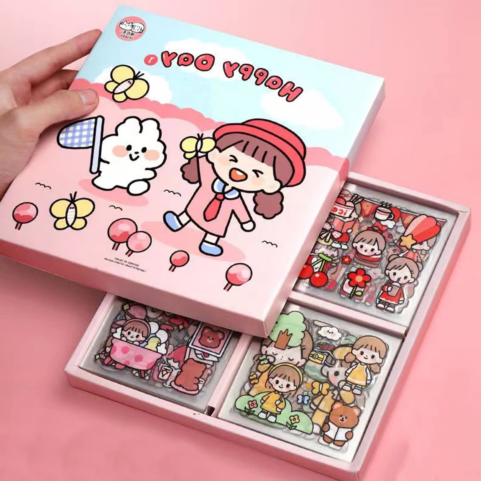 Dingfeng Cute Kawaii Stickers, 100pcs Clear Cartoon Girl Stickers, Pink, Waterproof, Perfect for Scrapbook, Laptop, Notebook & More