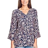 Gloria Vanderbilt Women's Nova Flutter Sleeve Blouse (Batik Stamp Midnight Affair, Large)