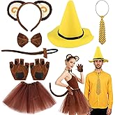 HFYZZ 7 Pcs Halloween Monkey Couple Costume for Adult Yellow Man Costume Accessories Yellow Hat Black Polka Dots Tie Monkey Outfit for Halloween Couple Cosplay