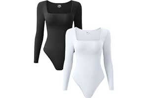 OQQ Women's 2 Piece Bodysuits Sexy Ribbed One Piece Square Neck Long Sleeve Tops