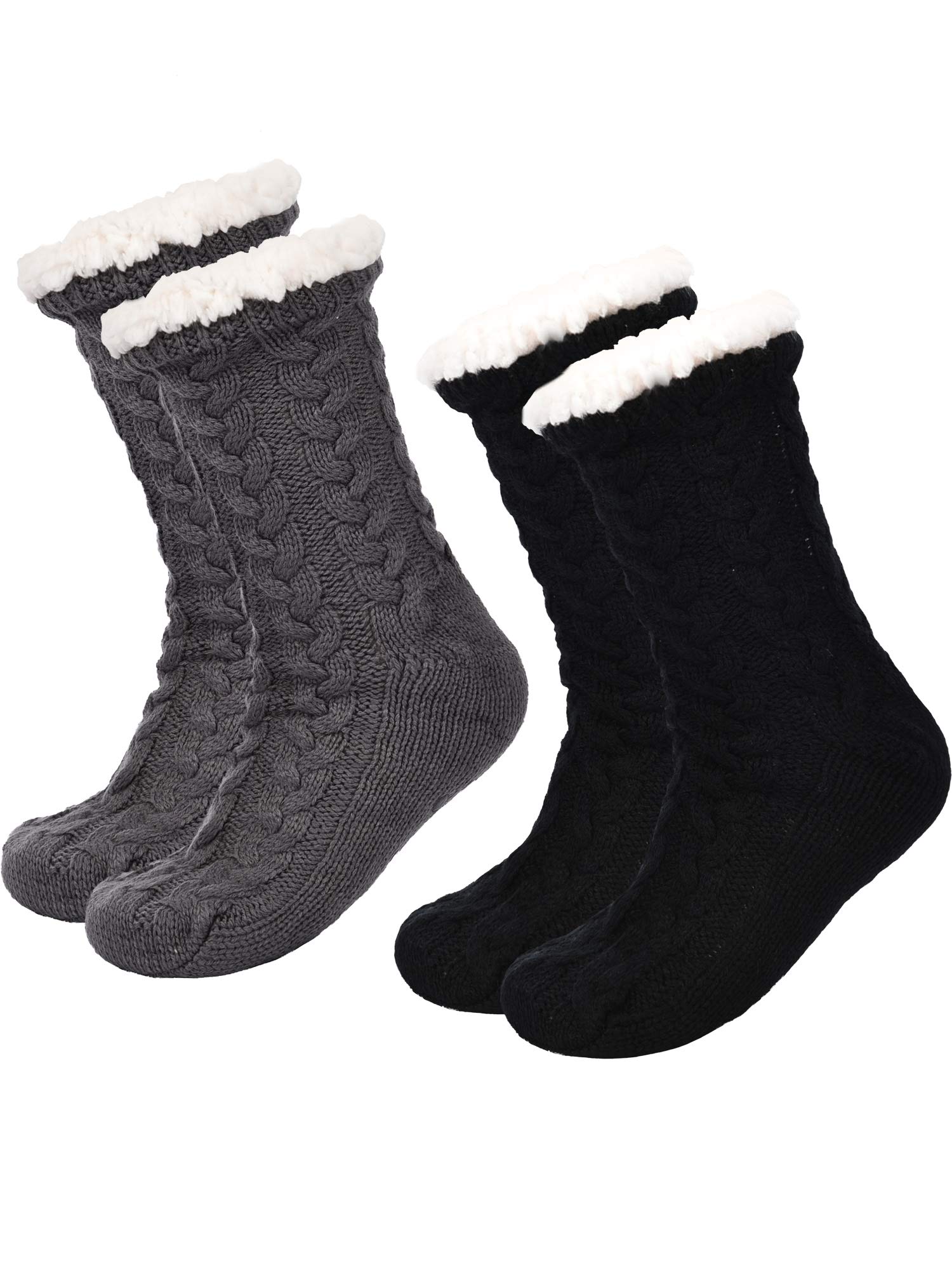 2 Pairs Women's Warm Slipper Socks Christmas Fuzzy Socks Fleece-lined Non Slip Slipper Socks (Black and Grey)