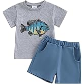 fhutpw Toddler Baby Boy Clothes Summer Fish Print Short Sleeve T Shirt Pockets Shorts Set Infant 2 Piece Casual Outfits