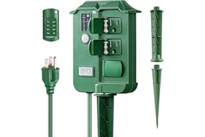 BRIGHTOWN Outdoor Light Timer Waterproof, Dusk to Dawn Power Stake Timer Remote Control, 6 Grounded Electrical Outlets Timer for Outdoor Christmas Lights, Yard, Garden, Backyard, Halloween Decoration,13A