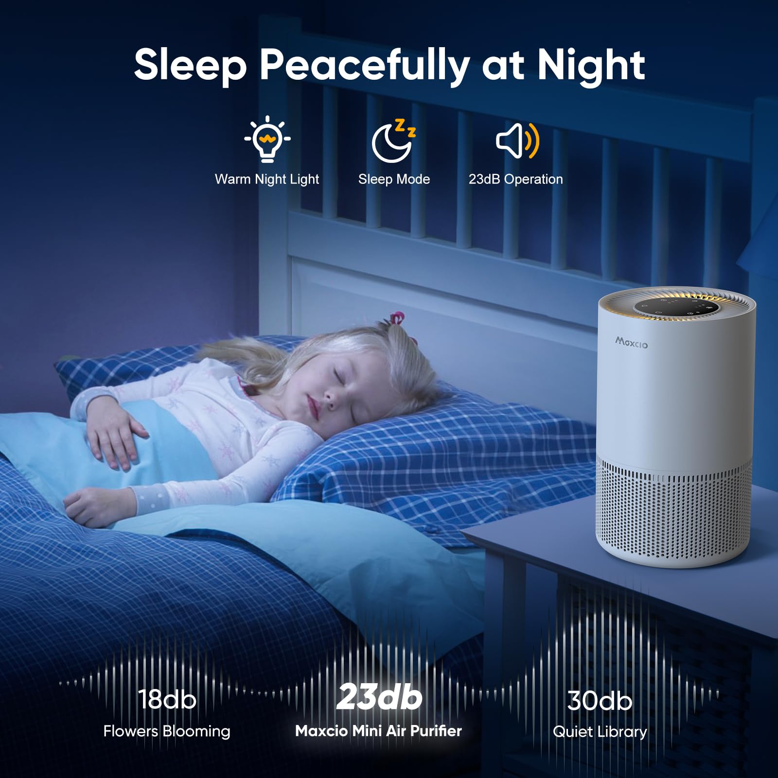 Maxcio Air Purifier for Home Bedroom, 3-in-1 Filter Air Cleaners with Fragrance Sponge for Allergies Pets Hair, Remove Dust Smoke Pollutants Odor, Sleep Mode, Night Light, Timer, 23dB Quiet, White