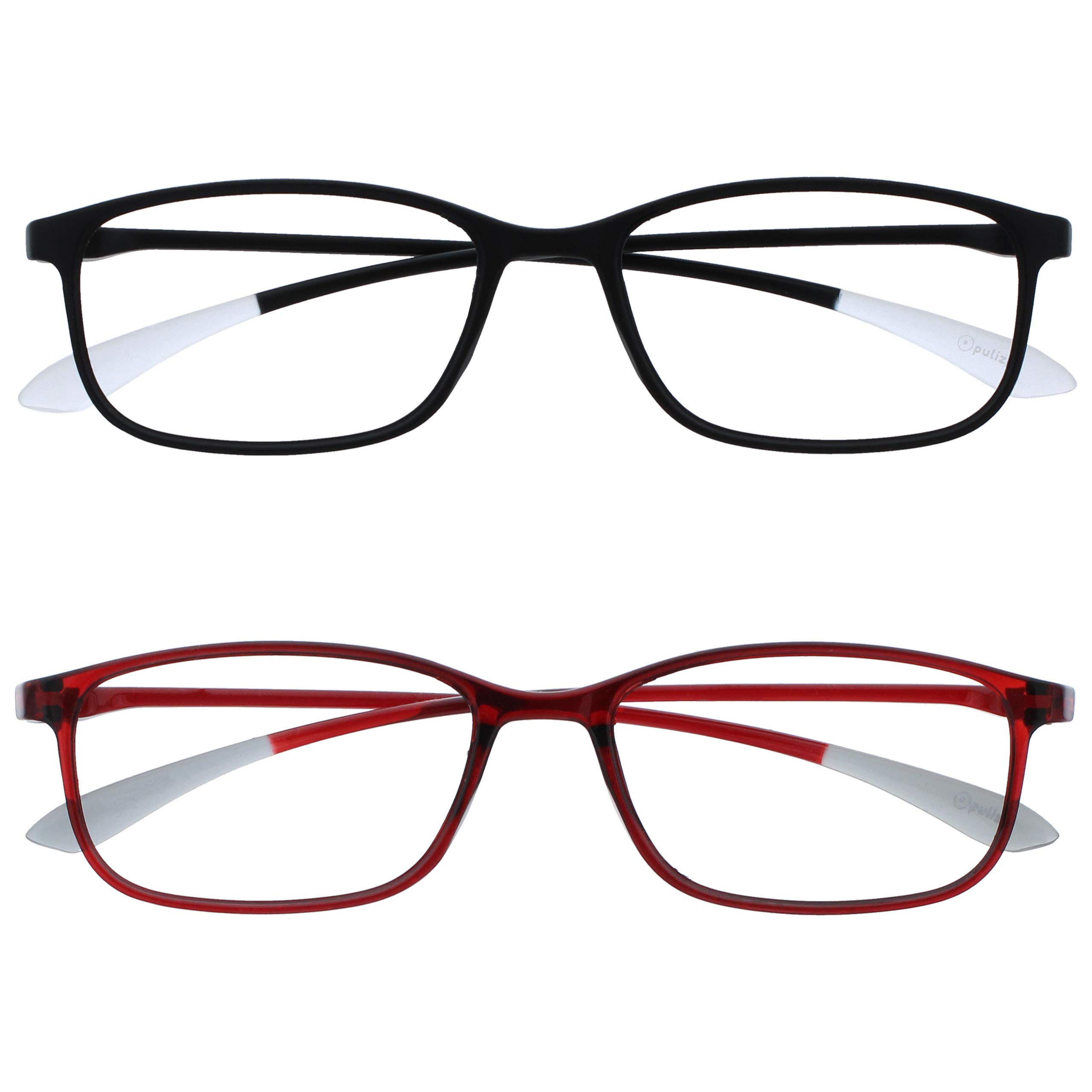 OPULIZE Ice Reading Glasses 2 Pack Ultra Lightweight Scratch Resistant Black Red Frame Mens Womens RR61-1Z +3.00