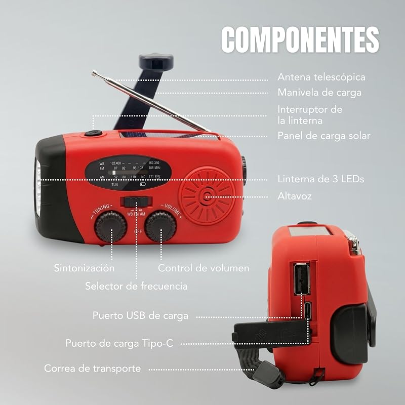 RÁDIO SOLAR DE EMERGÊNCIA com manivela e carregamento USB-C, rádio portátil AM/FM com bateria recarregável de 2000mAh, lanterna LED, power bank, ideal para campismo, sobrevivência, excursões, apagões e casa — foto 6 de 8
