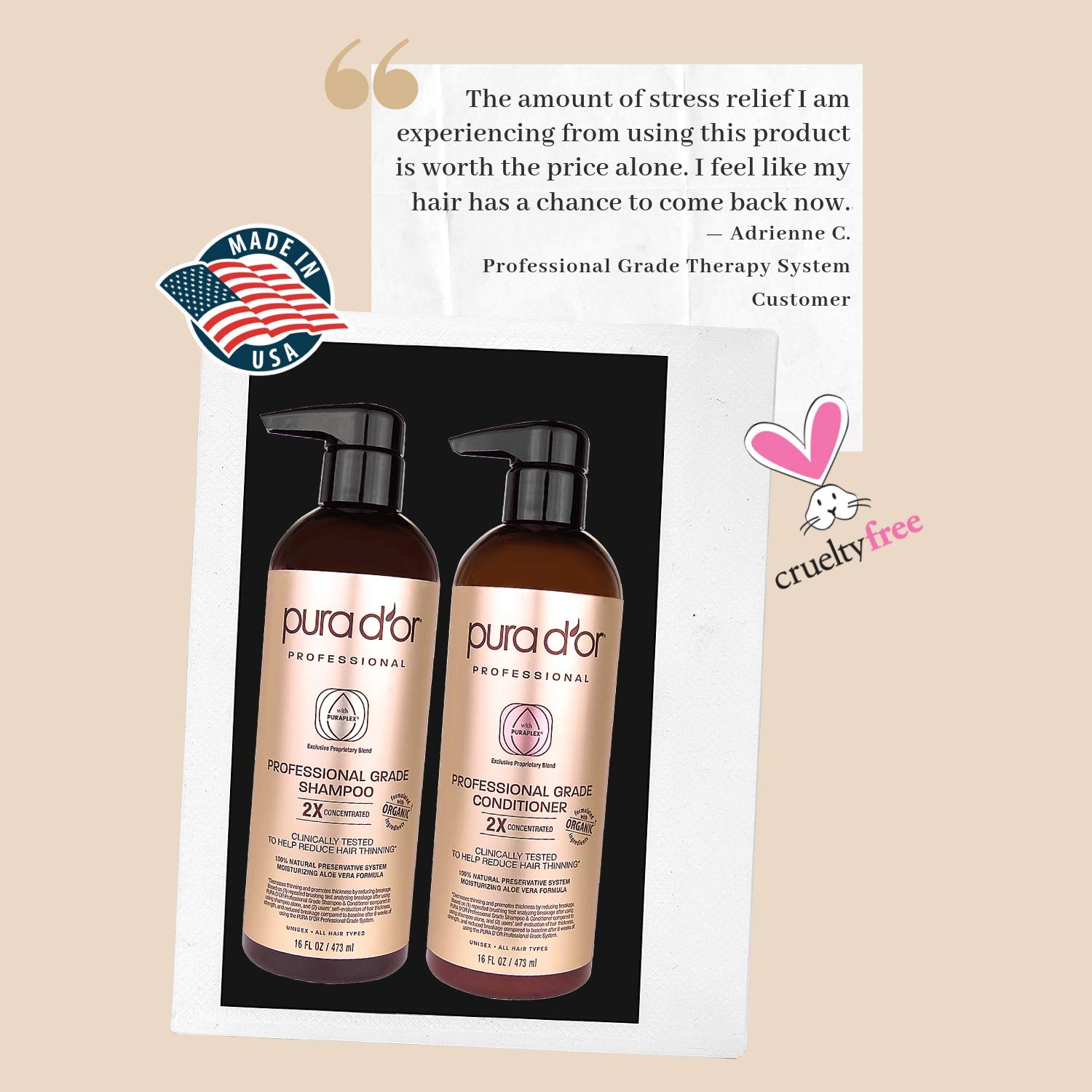 PURA D'OR Professional Grade Anti-Hair Thinning 2X Concentrated Actives Biotin Shampoo & Conditioner (16oz x 2), No Sulfates, Clinically Tested, All Hair Types, Men & Women (Packaging Varies) : Beauty